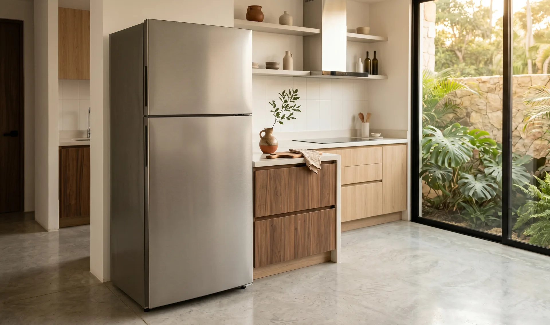 Cocina moderna con nevera de acero inoxidable, un electrodoméstico que reparamos en Medellín